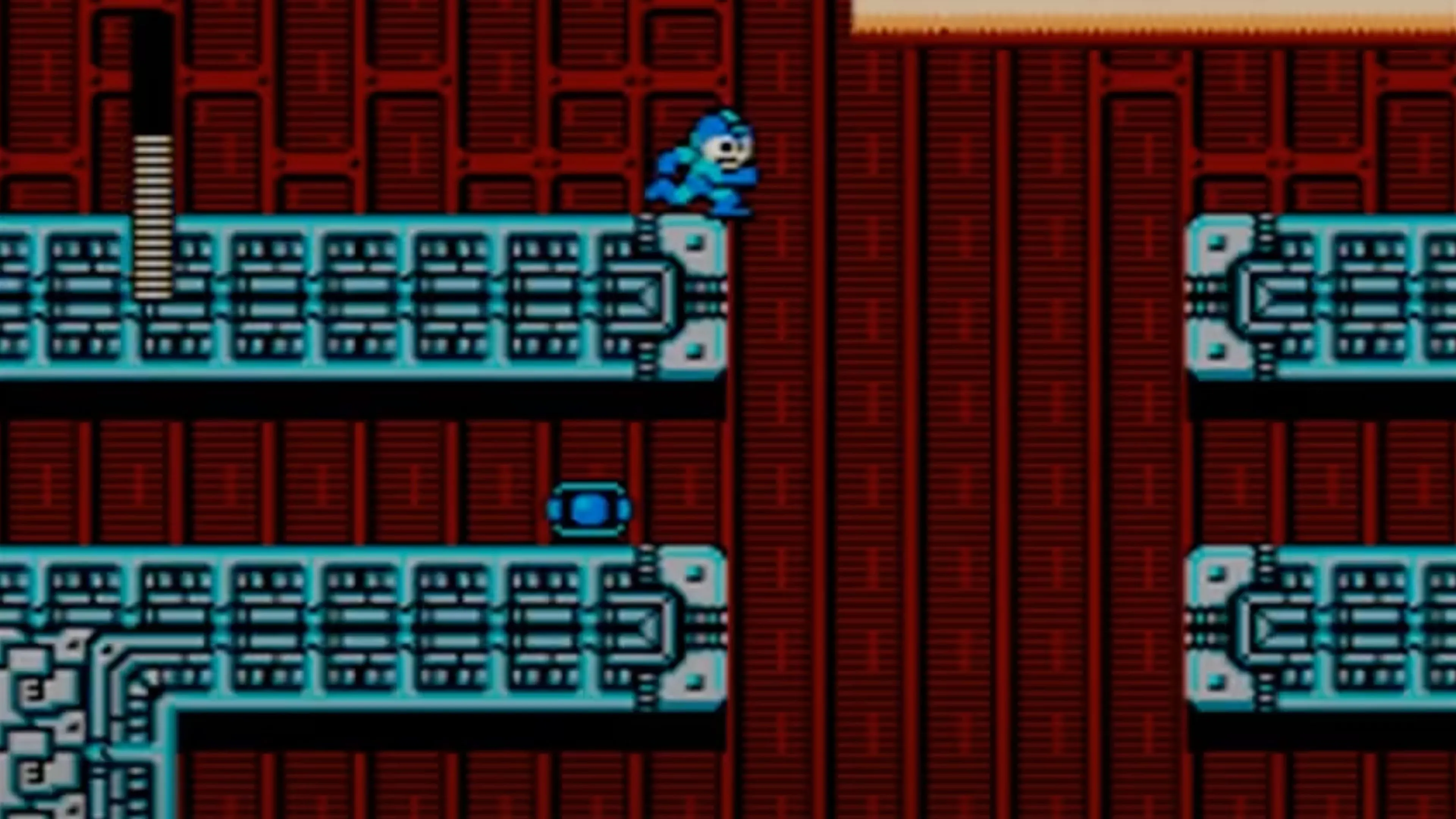 Cảnh chơi Mega Man 2 với Mega Man đang ở trong màn chơi của Flash Man, với những cạm bẫy và kẻ thù.