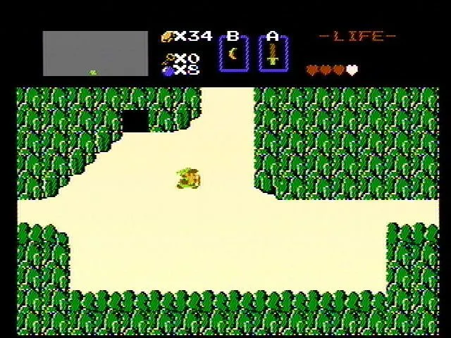 Cảnh chơi The Legend of Zelda với Link đang khám phá một khu vực có nước và cây cối.