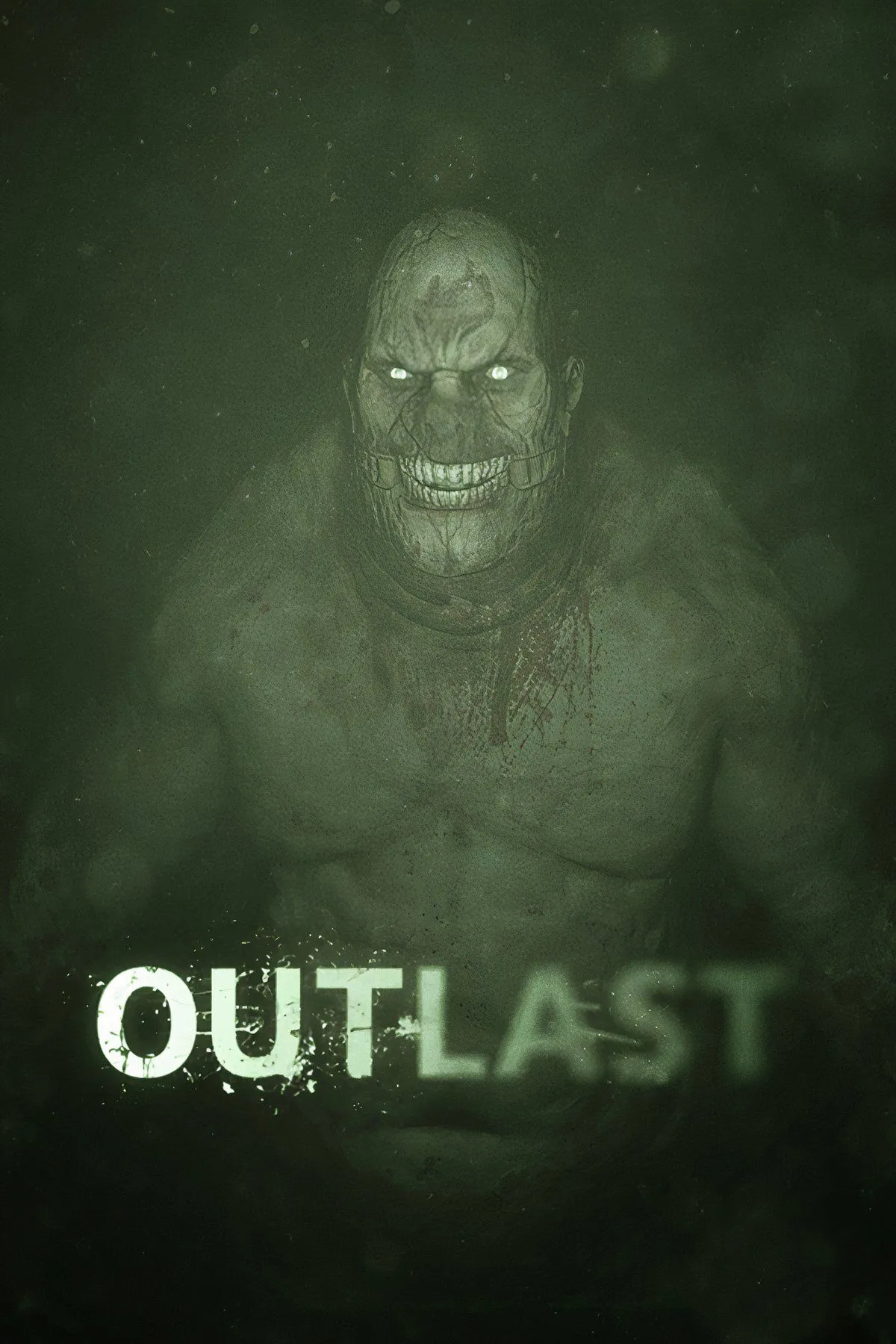 Cảnh chụp màn hình từ Outlast, cho thấy nhân vật chính sử dụng camera hồng ngoại trong một môi trường bệnh viện tâm thần tối tăm, ánh sáng xanh lá cây chiếu rọi lên các bức tường bẩn thỉu.