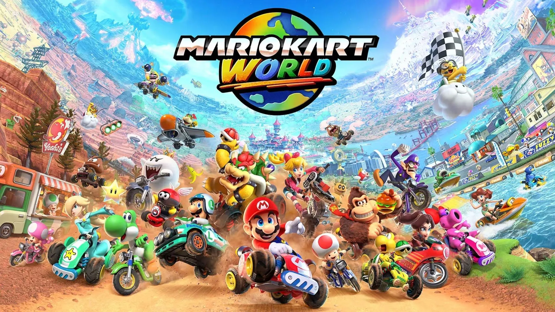 Cảnh đua xe đông đúc trong chế độ Knockout Tour của Mario Kart World, với 24 tay đua trên đường