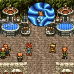 Cảnh game Chrono Trigger: Các nhân vật đứng trước cổng không gian xanh bí ẩn, biểu tượng cho huyền thoại JRPG này.