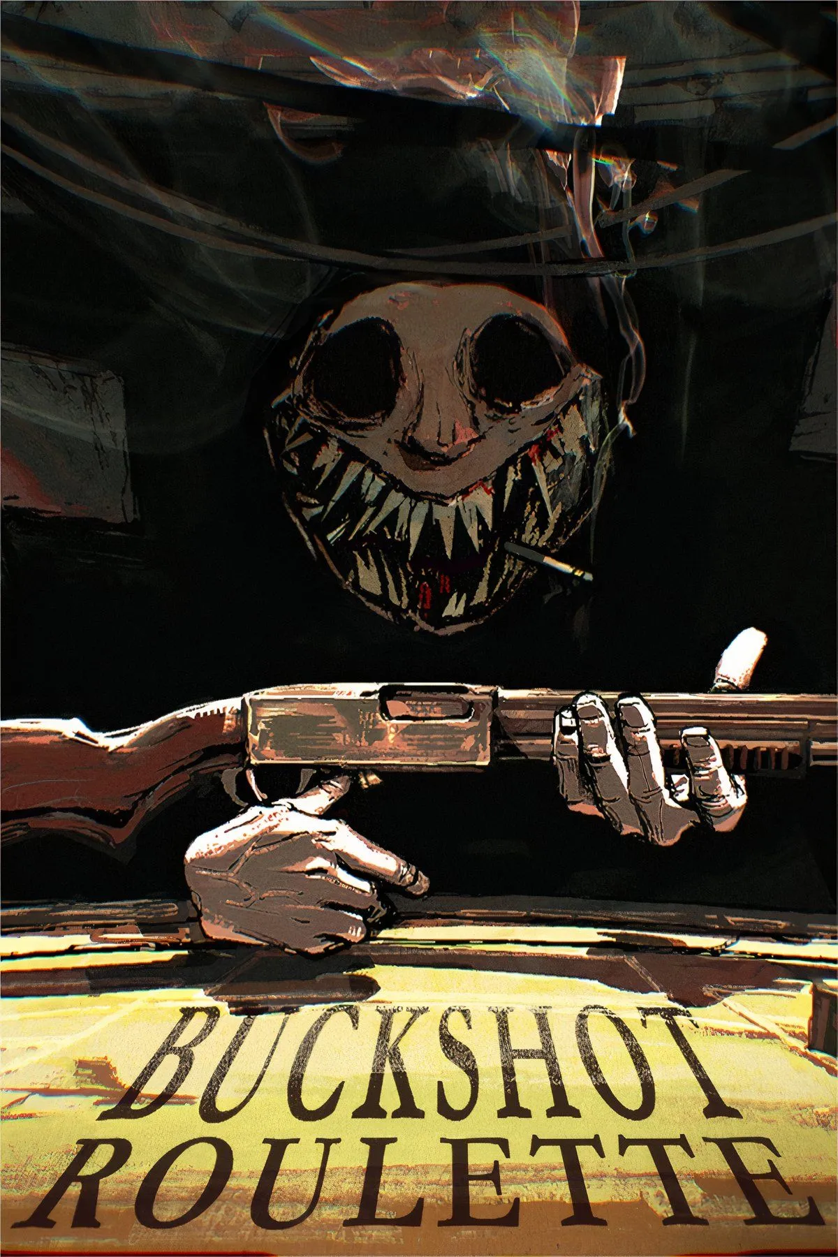 Cảnh gameplay Buckshot Roulette với người chơi đối mặt với Dealer kinh dị trong căn phòng bẩn thỉu, súng shotgun trên bàn.