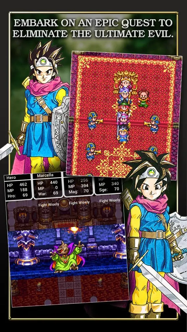 Cảnh gameplay của Dragon Quest III: The Seeds of Salvation, hiển thị một nhóm nhân vật trong trận chiến theo lượt.