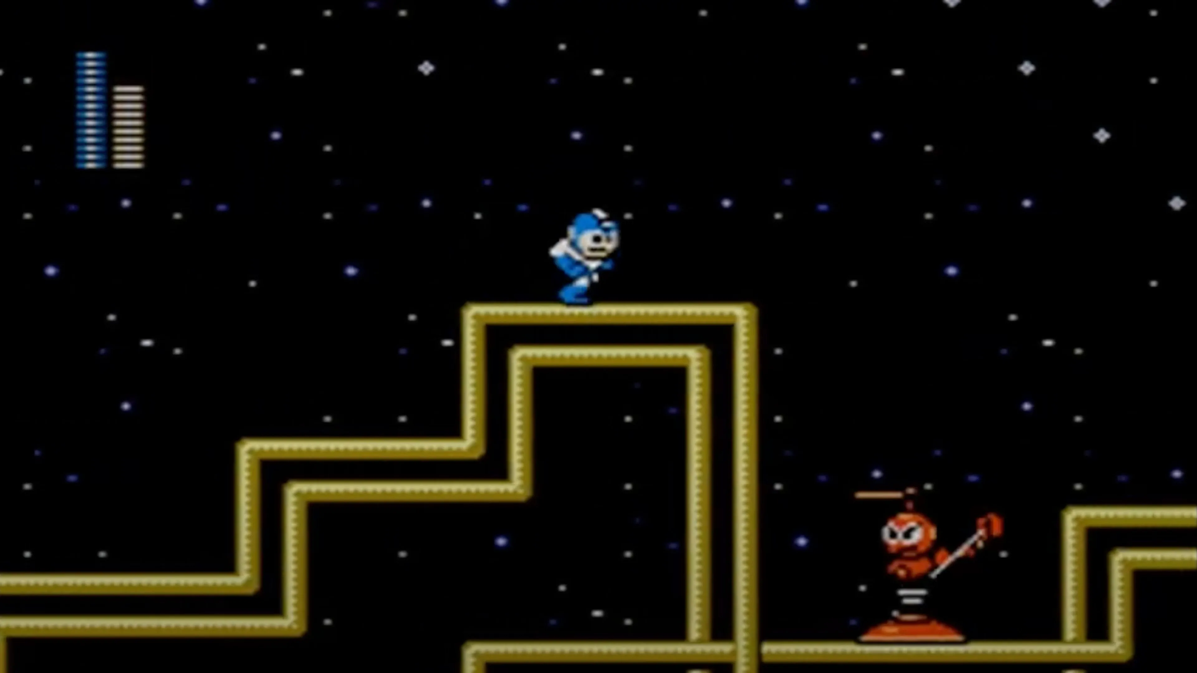 Cảnh gameplay của Mega Man 2, hiển thị Mega Man đang nhảy và bắn trong màn chơi của Air Man.