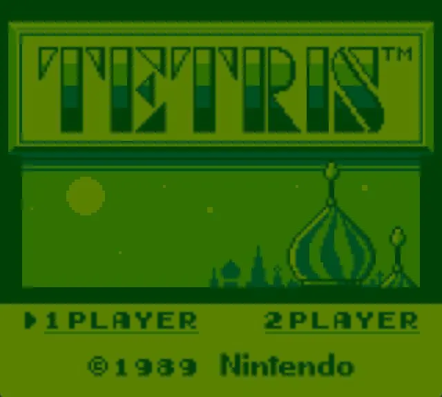 Cảnh gameplay của Tetris trên Game Boy, hiển thị các khối Tetrimino và giao diện đơn giản.