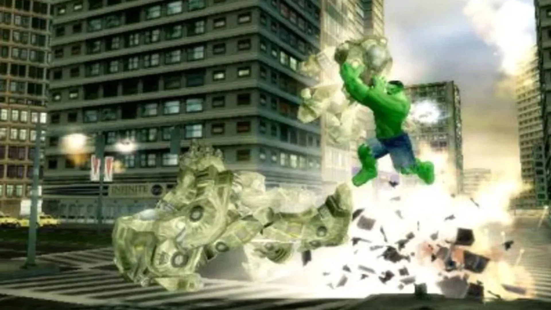 Cảnh gameplay của The Incredible Hulk: Ultimate Destruction trên PS2, Hulk đang phá hủy môi trường đô thị