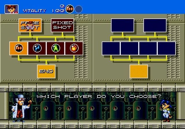 Cảnh gameplay Gunstar Heroes cho thấy nhân vật đang bắn các đối thủ trên nền cảnh công nghệ, minh họa đồ họa sống động