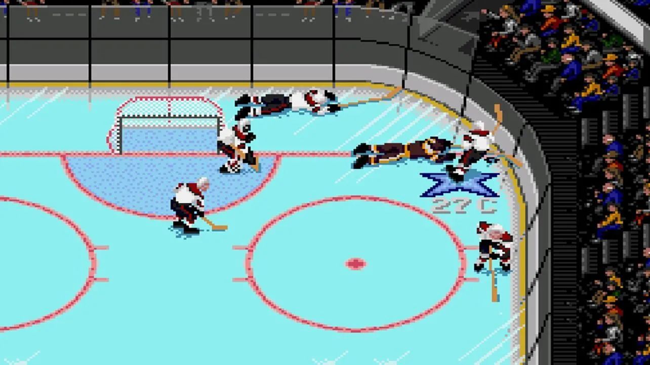 Cảnh gameplay NHL '94 cho thấy các cầu thủ khúc côn cầu trên sân băng, minh họa phong cách đồ họa của game