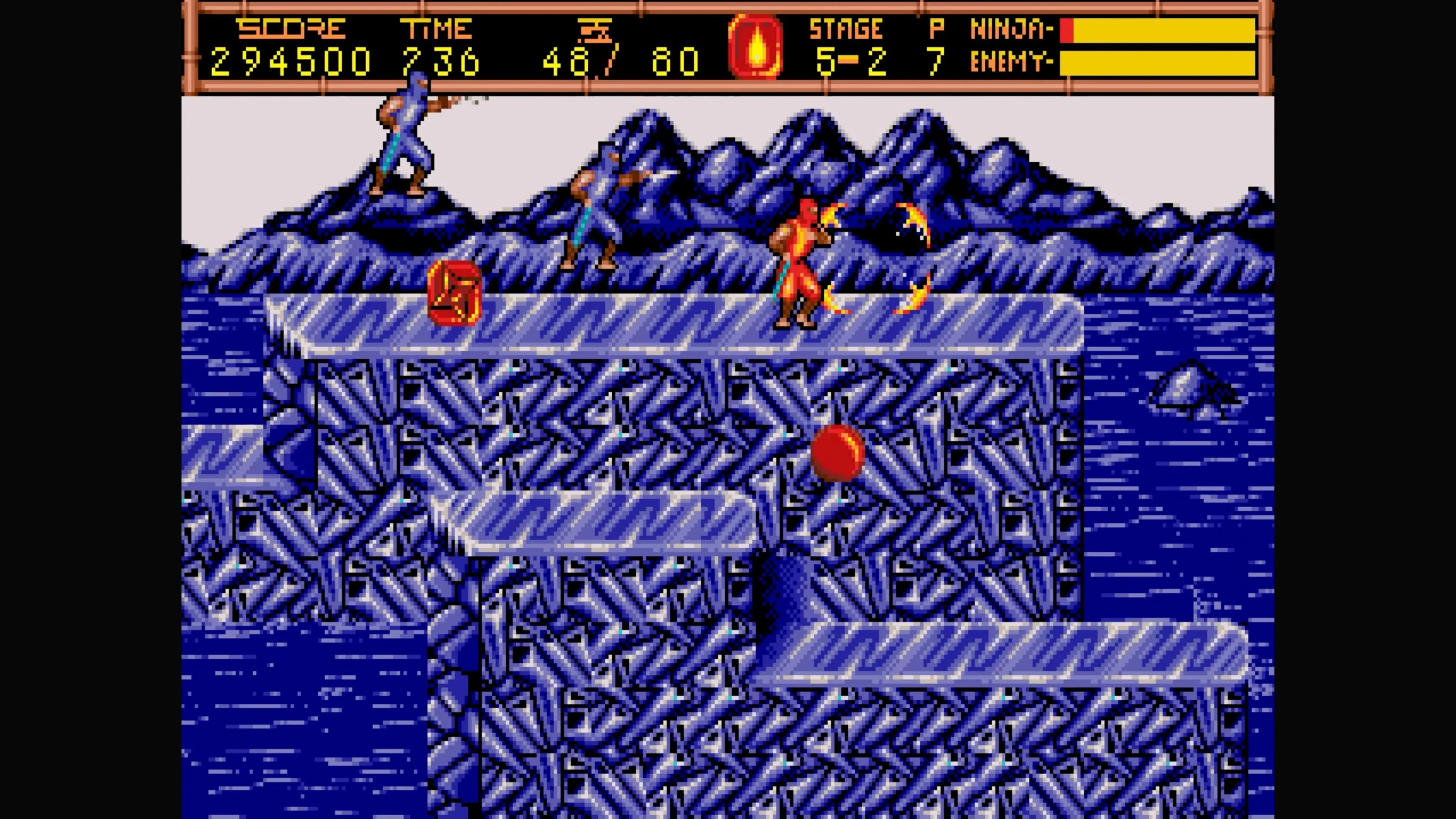 Cảnh gameplay Ninja Gaiden 2 trong màn chơi băng giá, hiển thị Ryu Hayabusa đối mặt với kẻ thù trong môi trường tuyết.