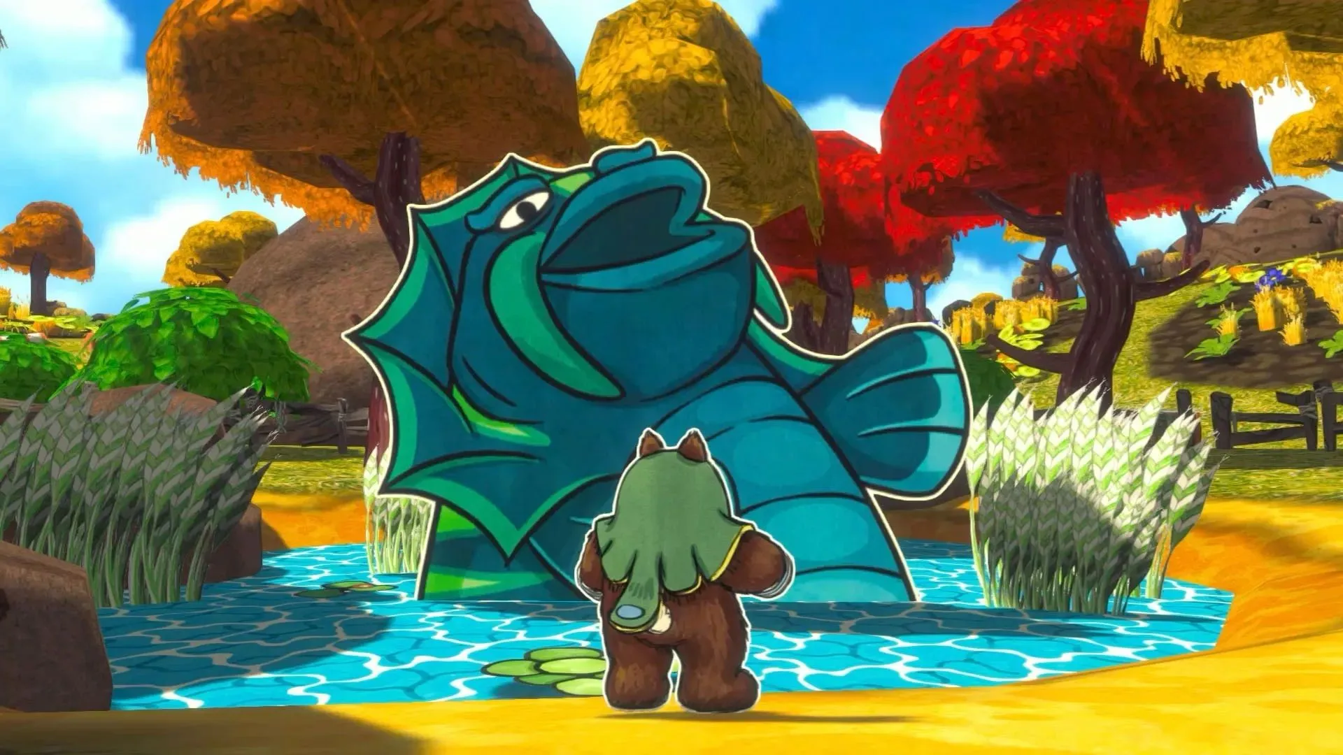 Cảnh gameplay Ruffy and the Riverside, Ruffy đứng trong một khu vực đầy màu sắc, nhấn mạnh môi trường thiết kế đa dạng và cơ chế di chuyển.