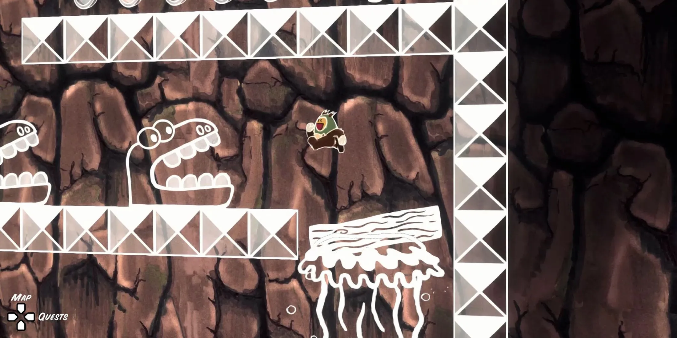 Cảnh gameplay Ruffy and the Riverside với nhân vật Ruffy đang thực hiện pha vượt chướng ngại vật trên các nền tảng lơ lửng, minh họa cơ chế platforming.