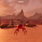 Cảnh hành động trong game indie Crab Champions với cua đang bay trên bãi biển