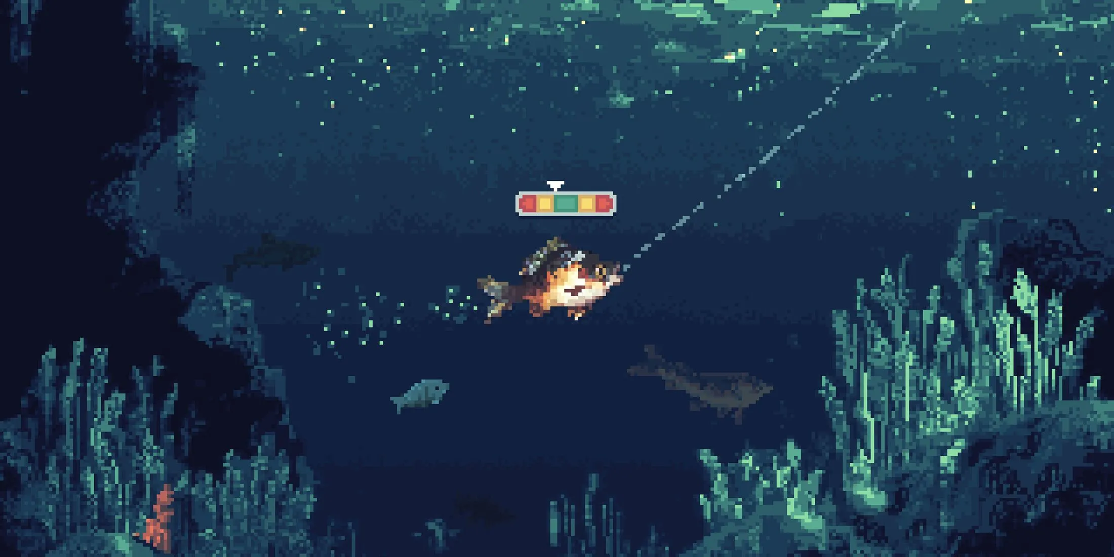 Cảnh nhân vật kéo cá lên bờ sau khi câu được trong game Cast n Chill