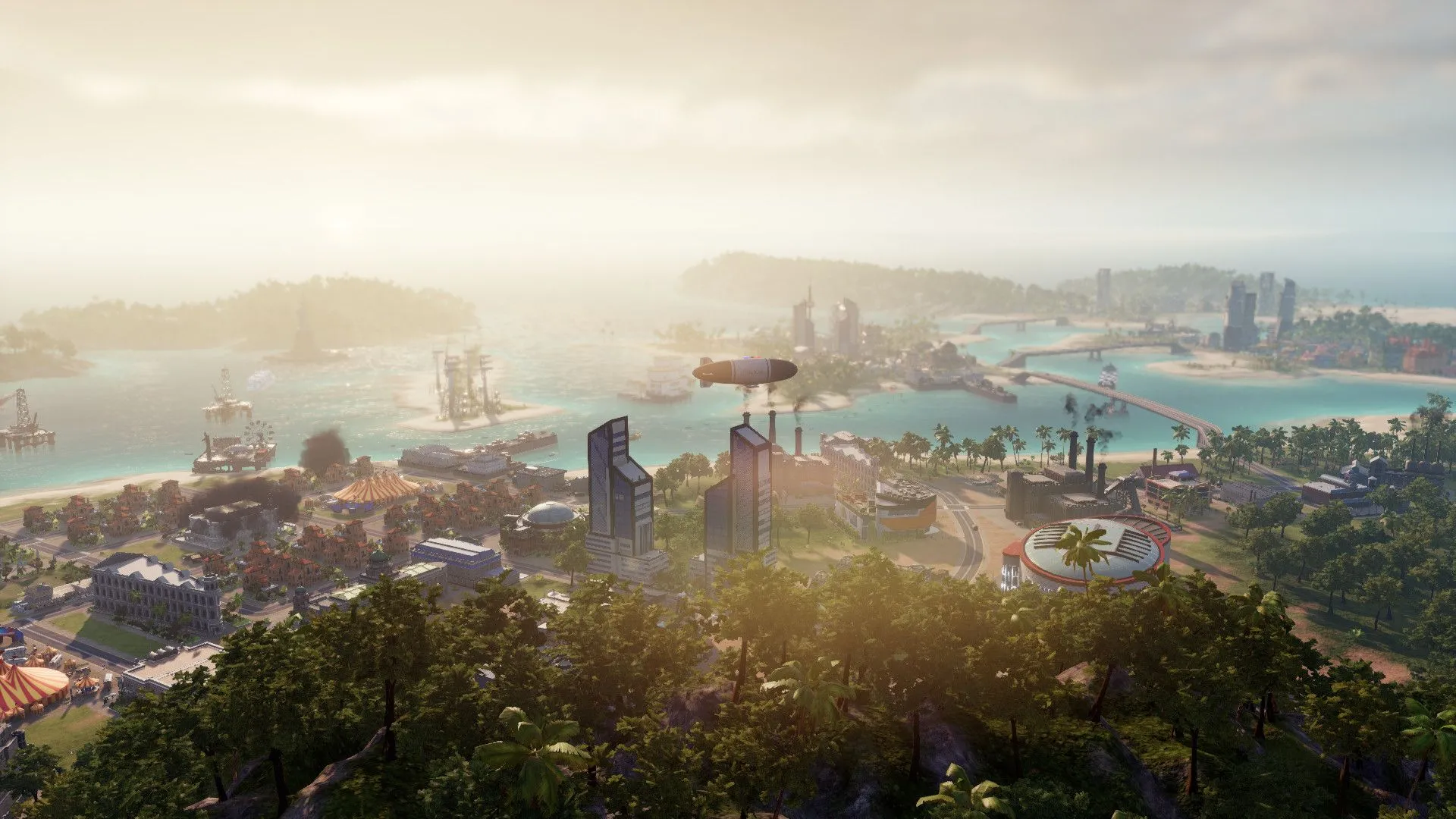 Cảnh quan bãi biển và khu du lịch sầm uất trong Tropico 6, cho thấy các hoạt động kinh tế và giải trí của đảo