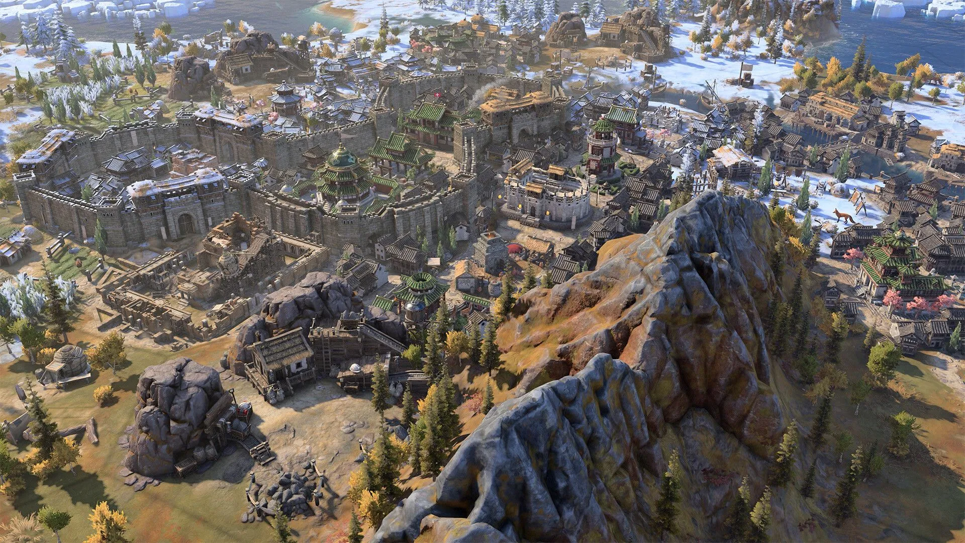 Cảnh quan đô thị Civilization 7 với các khu dân cư và biểu tượng công nghệ cao, minh họa sự tiến bộ tới tương lai