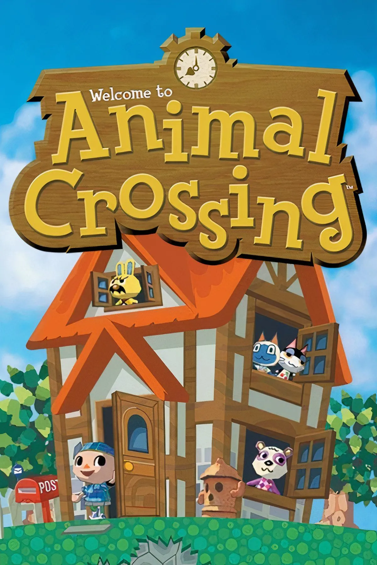 Cảnh quan một thị trấn trong Animal Crossing trên Nintendo GameCube, với nhân vật đang tương tác với môi trường
