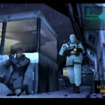 Cảnh quay trong game Metal Gear Solid (1998) với Solid Snake ẩn mình theo dõi quân địch, minh họa lối chơi hành động lén lút và đồ họa đột phá của PlayStation.