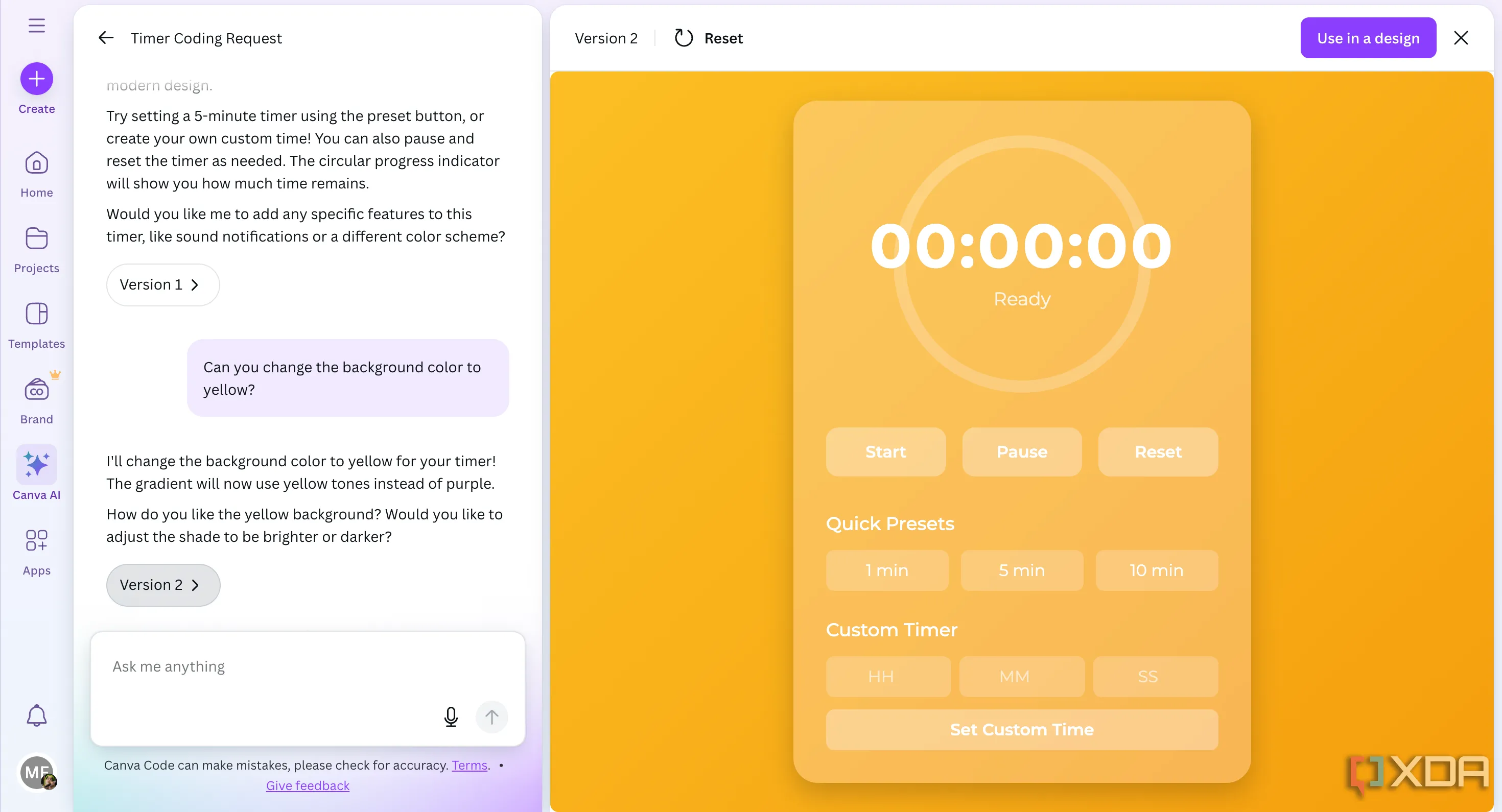 Canva Code AI thay đổi màu nền của bộ đếm thời gian sang màu vàng theo yêu cầu