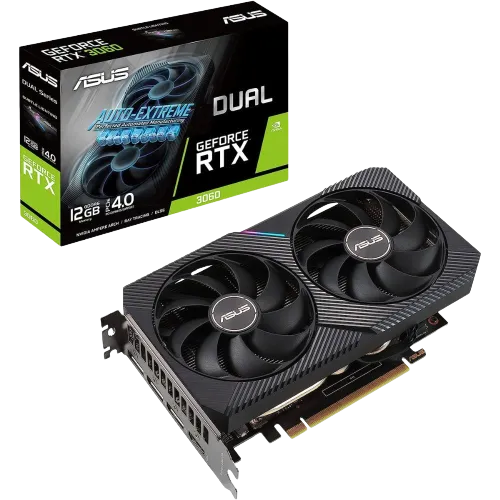 Card đồ họa Asus Dual RTX 4060 V2 OC bên cạnh hộp bán lẻ, đại diện cho phần cứng PC gaming hiện đại