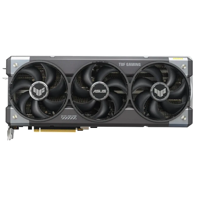 Card đồ họa Asus TUF Gaming GeForce RTX 5070 Ti OC Edition với ba quạt tản nhiệt, minh họa cho lựa chọn cân bằng hiệu năng-giá thành trong dàn PC gaming.