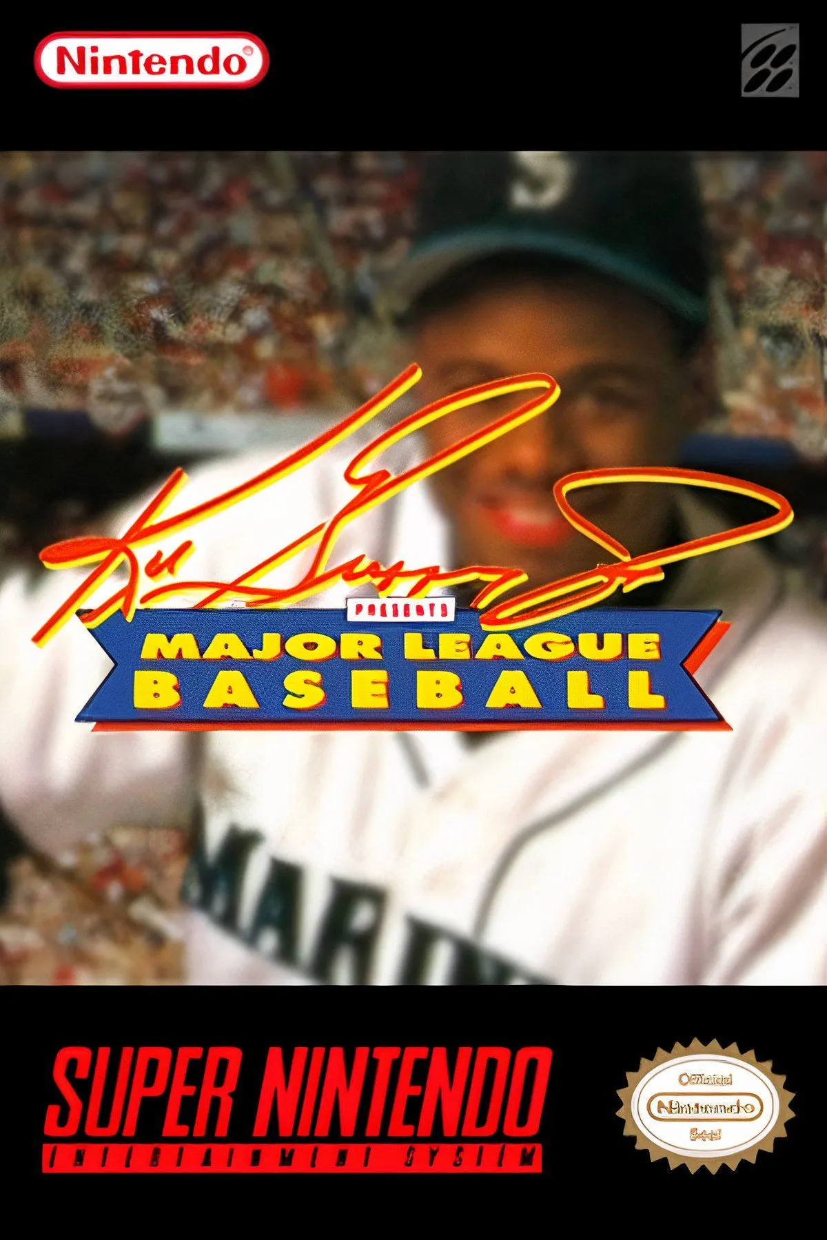Cầu thủ bóng chày trên sân trong game Ken Griffey Jr. Presents Major League Baseball trên SNES
