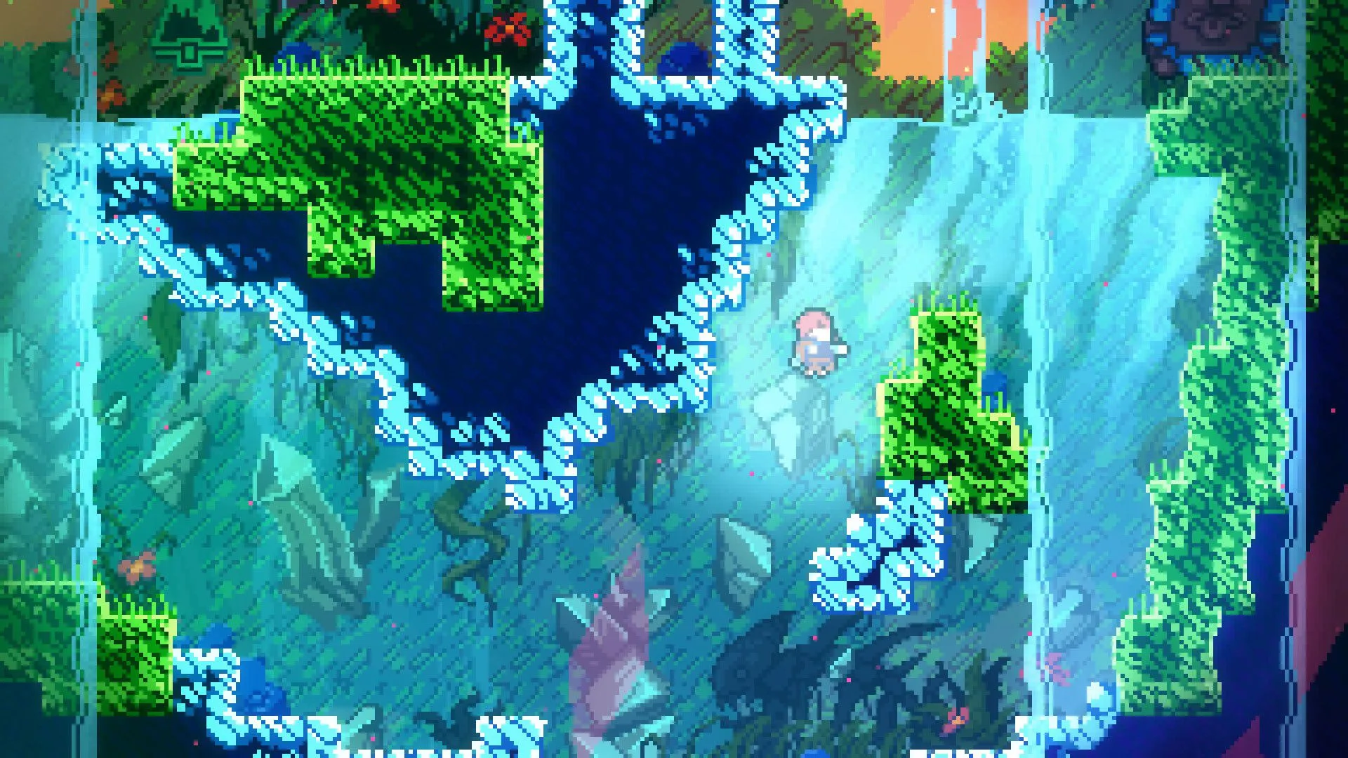 Celeste: Cảnh Madeline nhảy về phía nền tảng màu xanh lá cây trong môi trường hang động