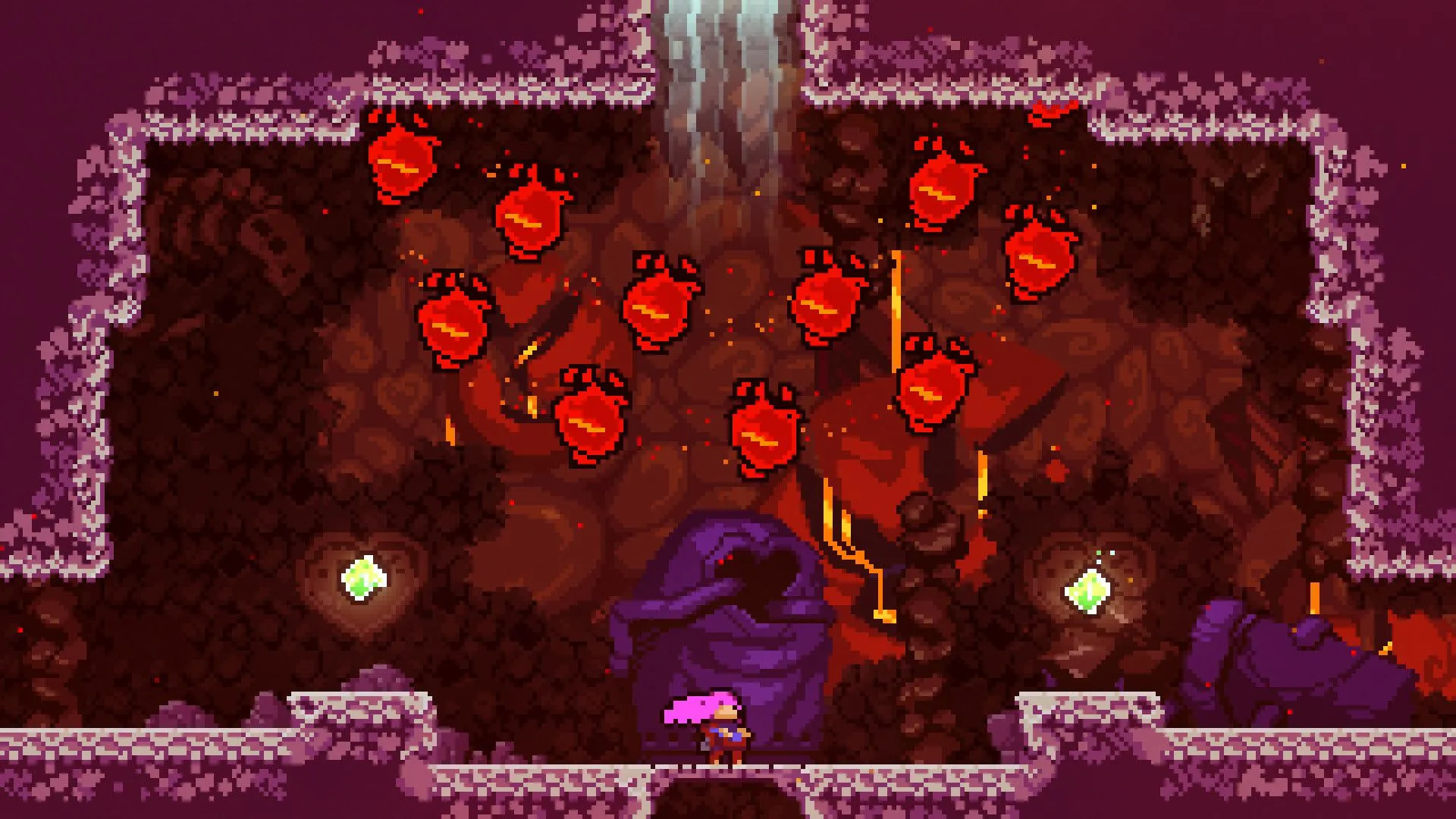 Celeste: Madeline đối mặt với những quả cầu đỏ trong một thử thách gameplay đầy kịch tính