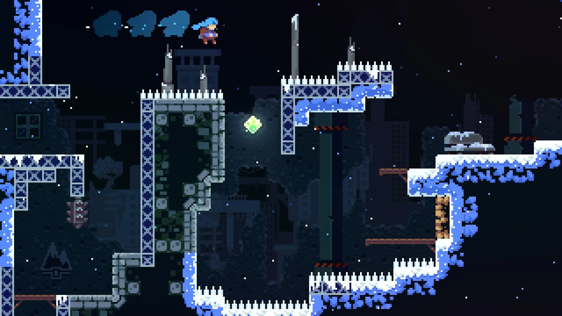 Celeste: Madeline thực hiện cú dash giữa không trung, vượt qua chướng ngại vật gai nhọn