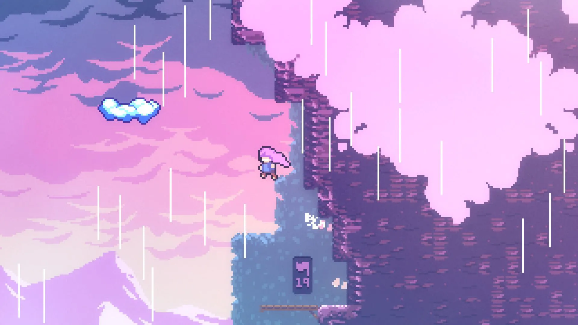 Celeste: Screenshot nhân vật nhảy lên một đám mây trên núi, thể hiện gameplay platforming
