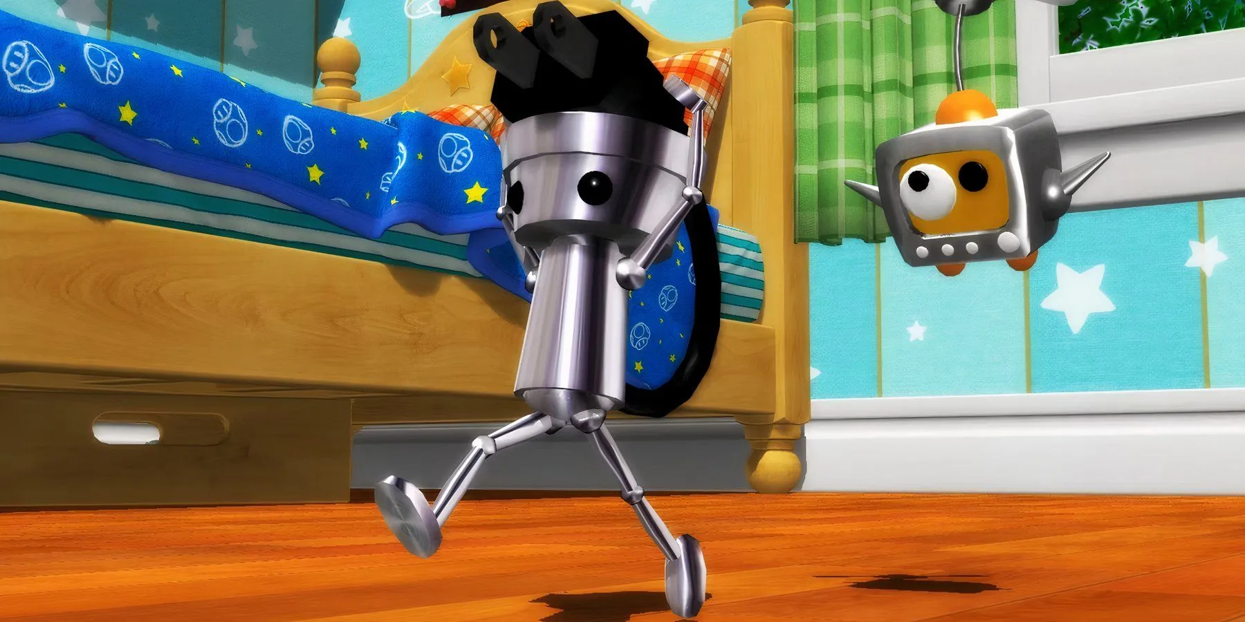 Chibi-Robo, chú robot nhỏ trong game cùng tên trên hệ máy GameCube, đang thực hiện nhiệm vụ dọn dẹp