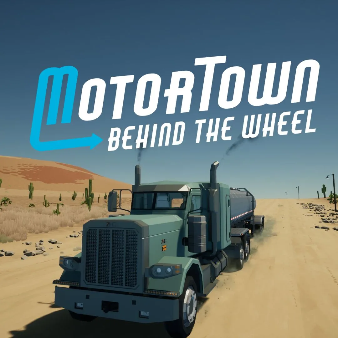 Chiếc xe bán tải phong cách low-poly trong Motor Town: Behind The Wheel, di chuyển trên con đường yên bình, mang đến trải nghiệm giao hàng thư thái.