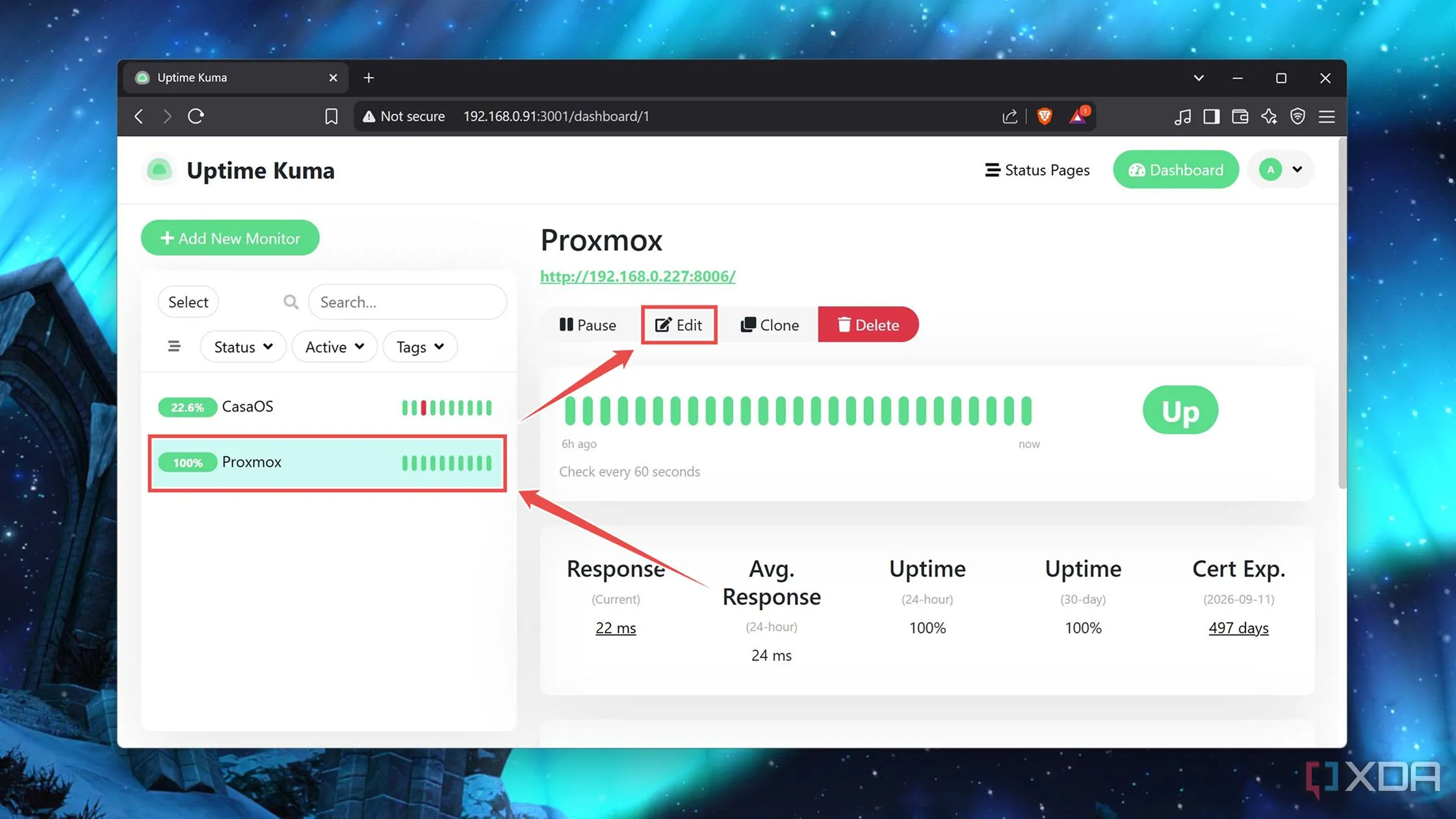 Chọn biểu tượng &quot;Edit&quot; bên dưới dịch vụ cụ thể trên Dashboard Uptime Kuma để cấu hình thông báo