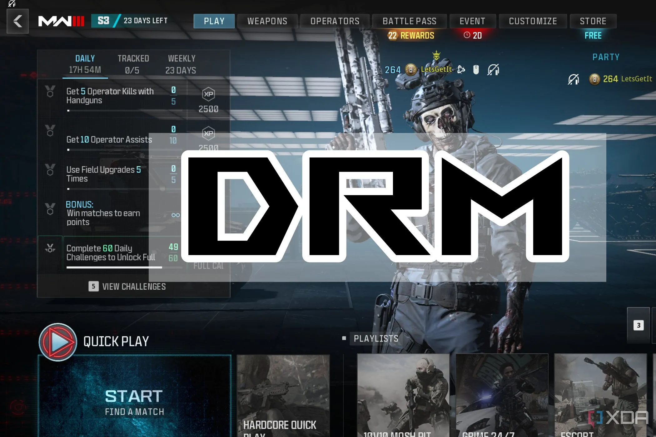 Chữ viết về DRM hiển thị trên giao diện của trò chơi Call of Duty Modern Warfare 3