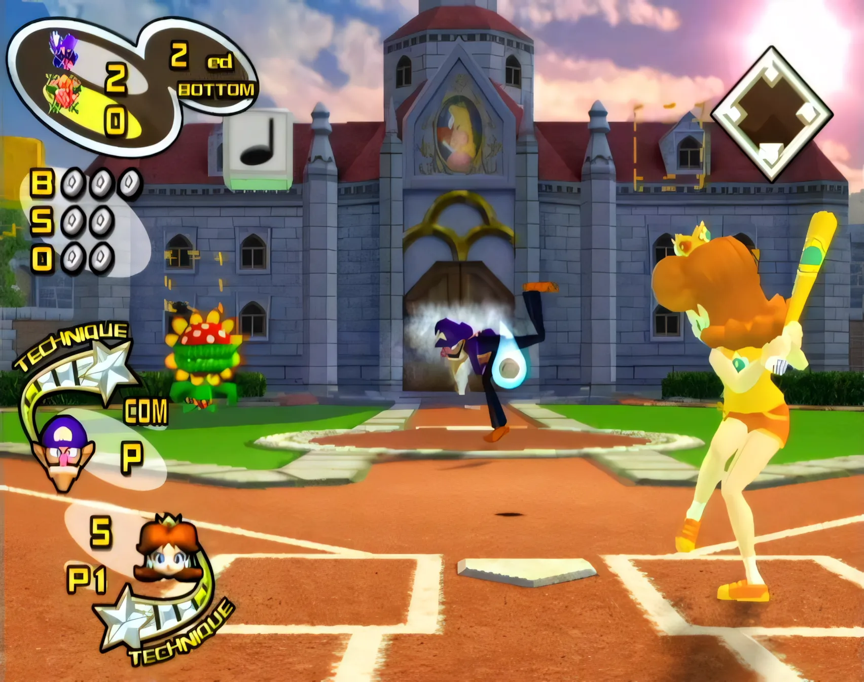 Công chúa Daisy chuẩn bị đánh bóng trong Mario Superstar Baseball, GameCube