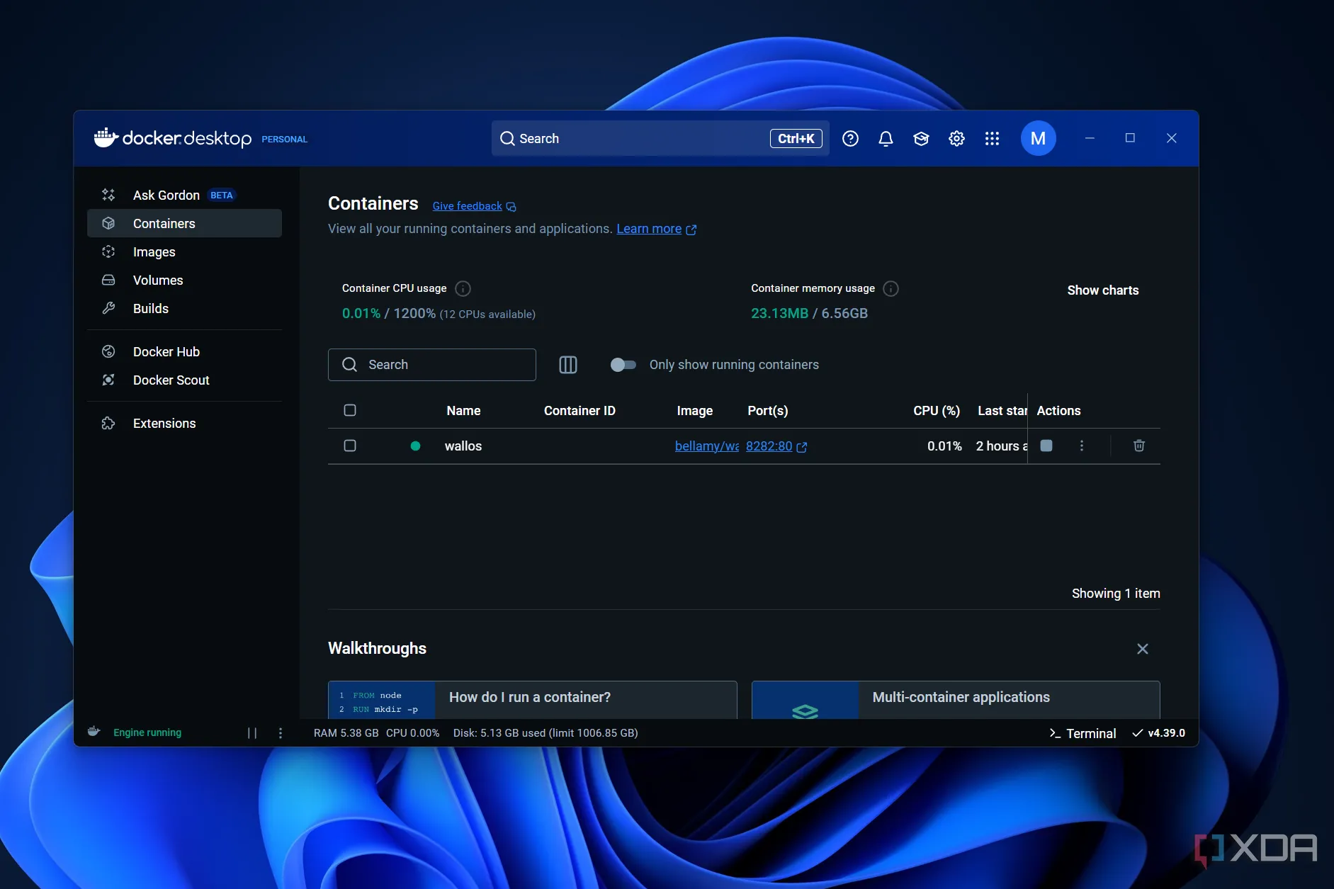 container Wallos trong Docker Desktop