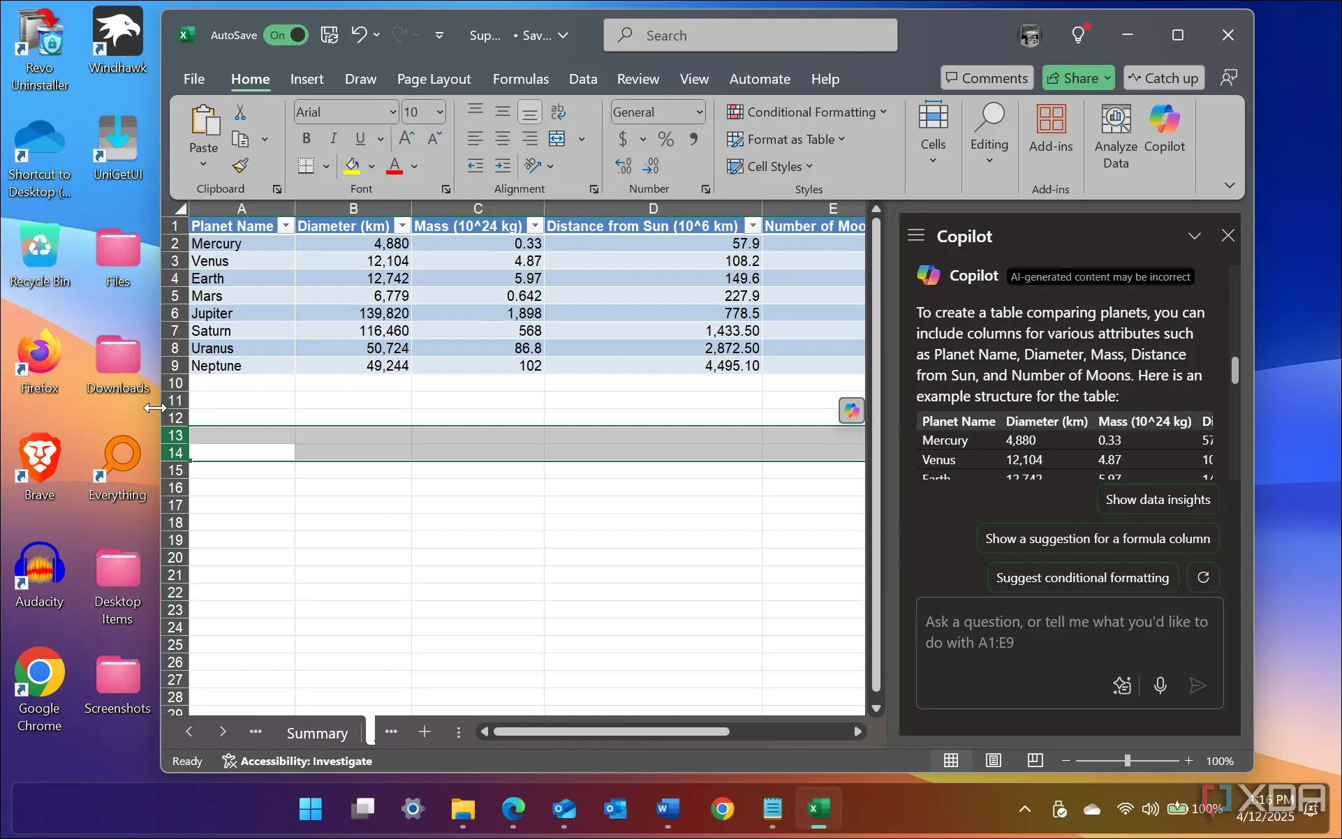 Copilot tự động tạo bảng dữ liệu trong một trang tính Excel, thể hiện khả năng phân tích dữ liệu AI