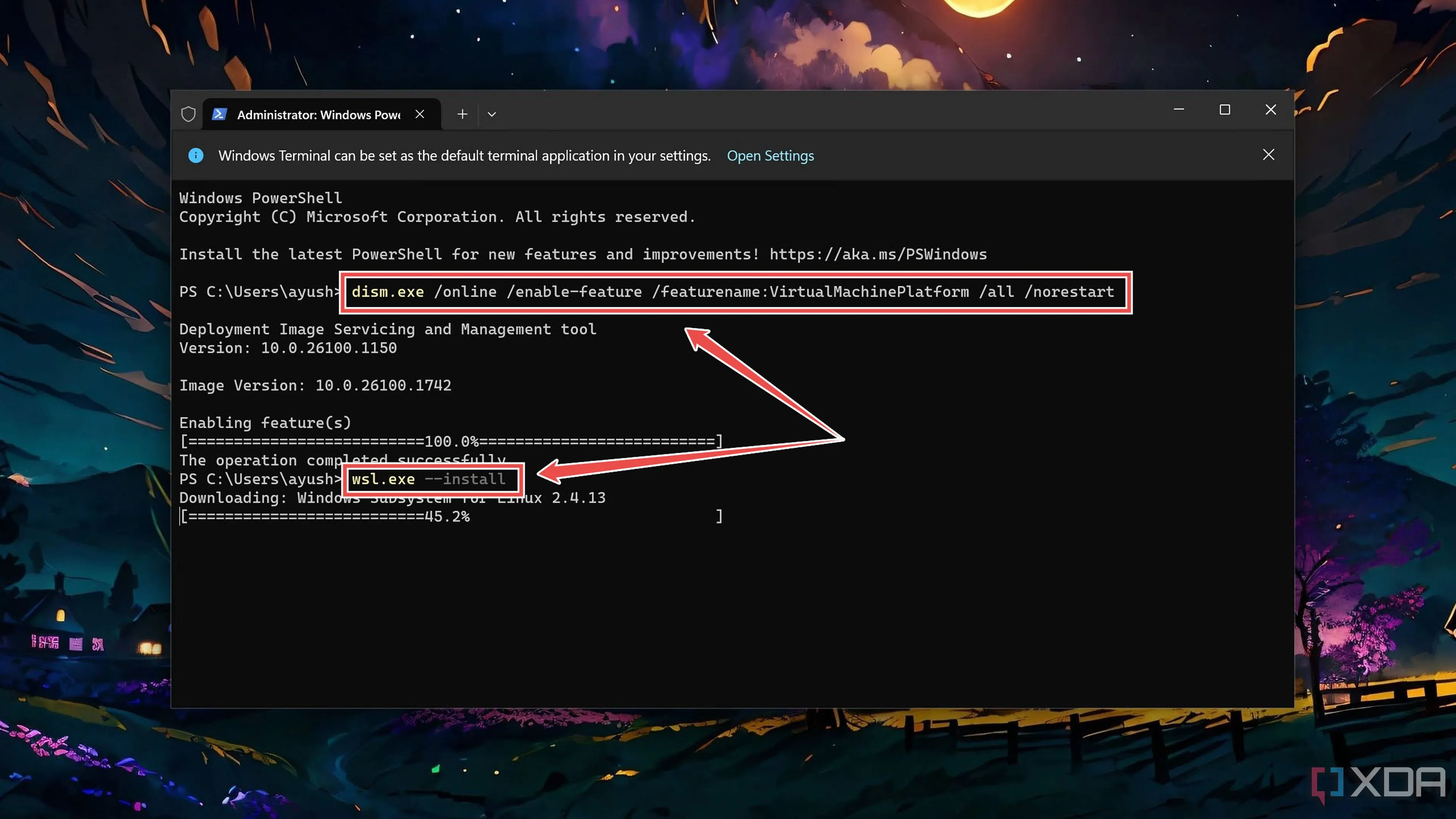 Cửa sổ Terminal hiển thị các lệnh 'dism.exe' và 'wsl.exe --install' dùng để cài đặt Windows Subsystem for Linux (WSL) trên Windows 11.