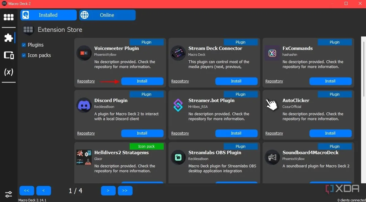 Danh sách các plugin có sẵn để cài đặt trong phần 'Plugins' của Macro Deck, với các nút 'Install' bên cạnh.