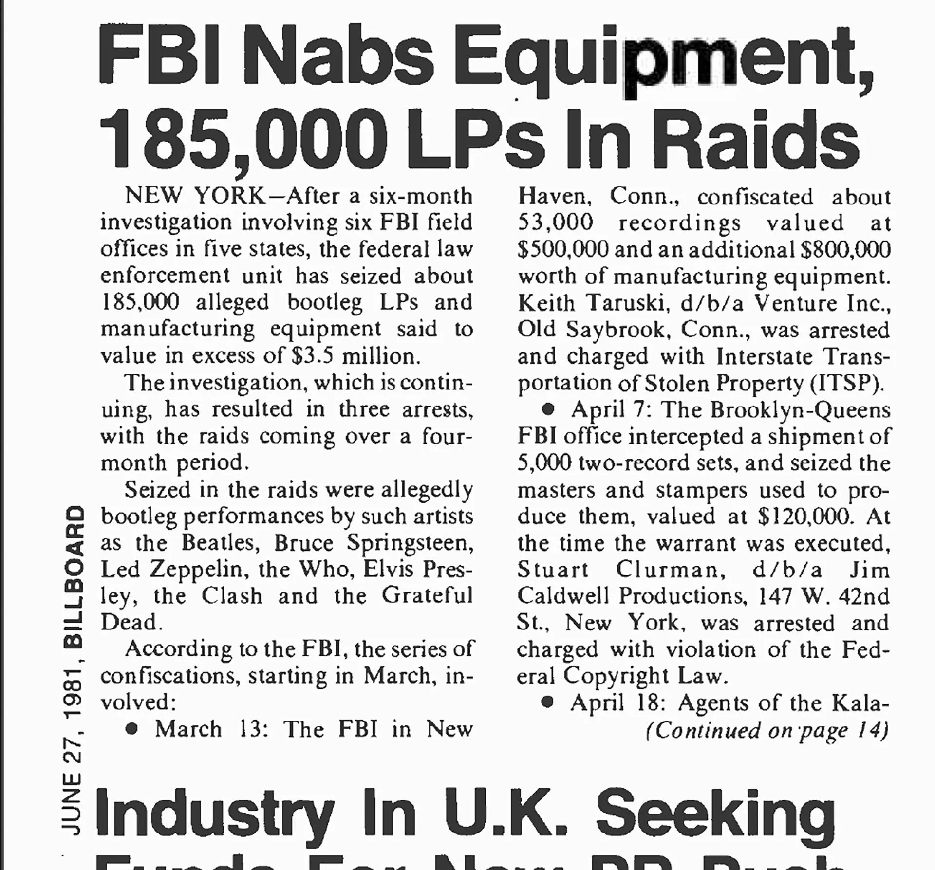 Đoạn trích bài báo Billboard Magazine ngày 27 tháng 6 năm 1981, đề cập cuộc đột kích của FBI vào Keith Taruski
