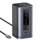 Docking station Baseus Spacemate 11 cổng, màu xám bạc, hiển thị các cổng kết nối USB-C, USB-A, HDMI và DisplayPort
