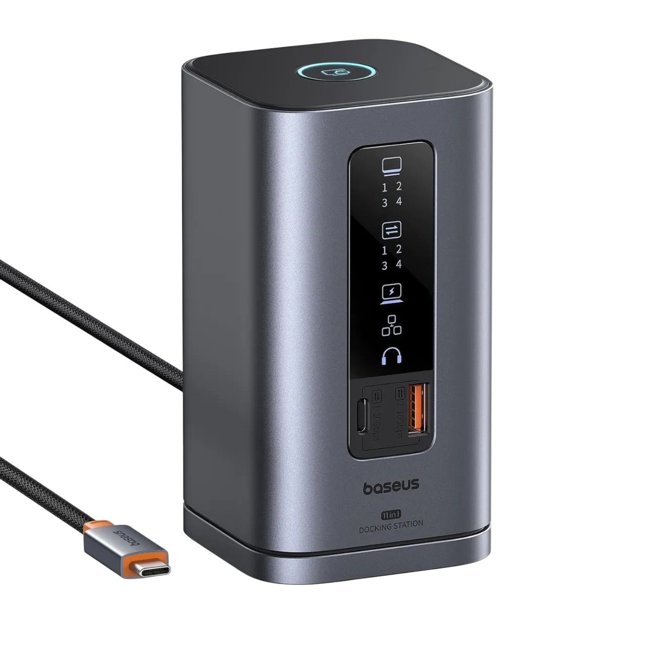 Docking station Baseus Spacemate 11 cổng, màu xám bạc, hiển thị các cổng kết nối USB-C, USB-A, HDMI và DisplayPort