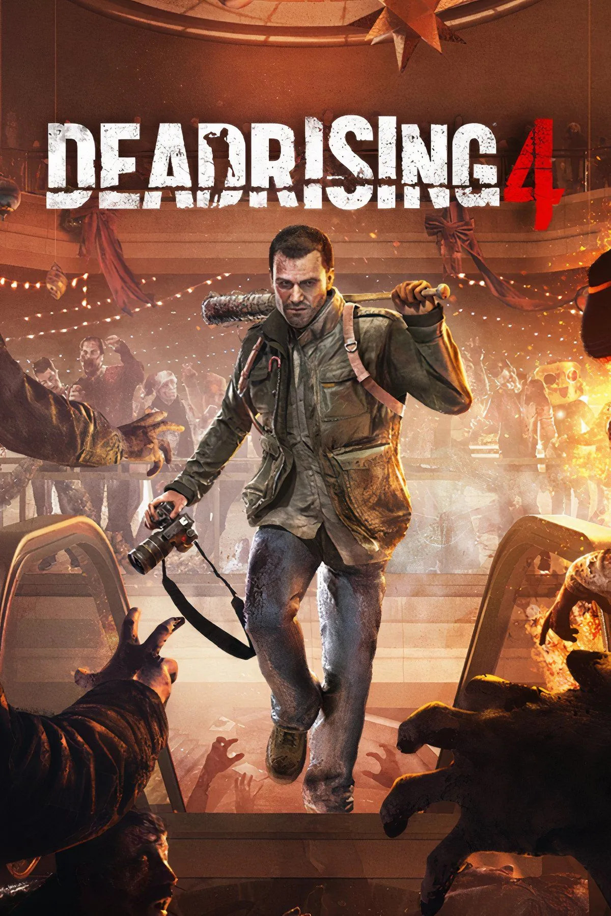 Frank West trong Dead Rising 4, chiến đấu giữa đám zombie, thể hiện sự mất đi bản chất kinh dị sinh tồn.