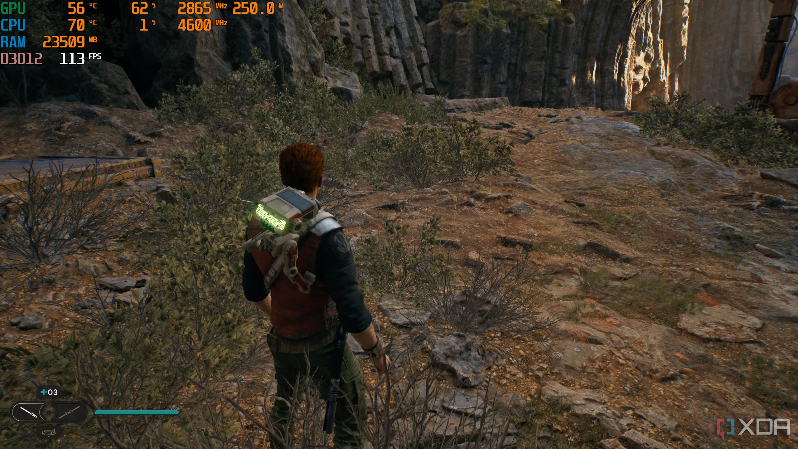 Game Jedi Survivor đang chạy trên PC với công cụ giám sát MSI Afterburner, thể hiện hiệu suất hệ thống