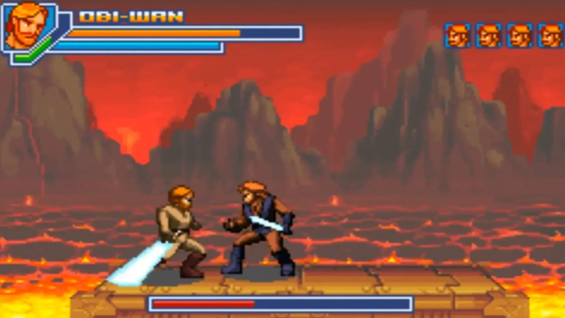 Gameplay 2D side-scrolling của game Star Wars Revenge of the Sith trên GBA với Obi-Wan Kenobi và các droid chiến đấu