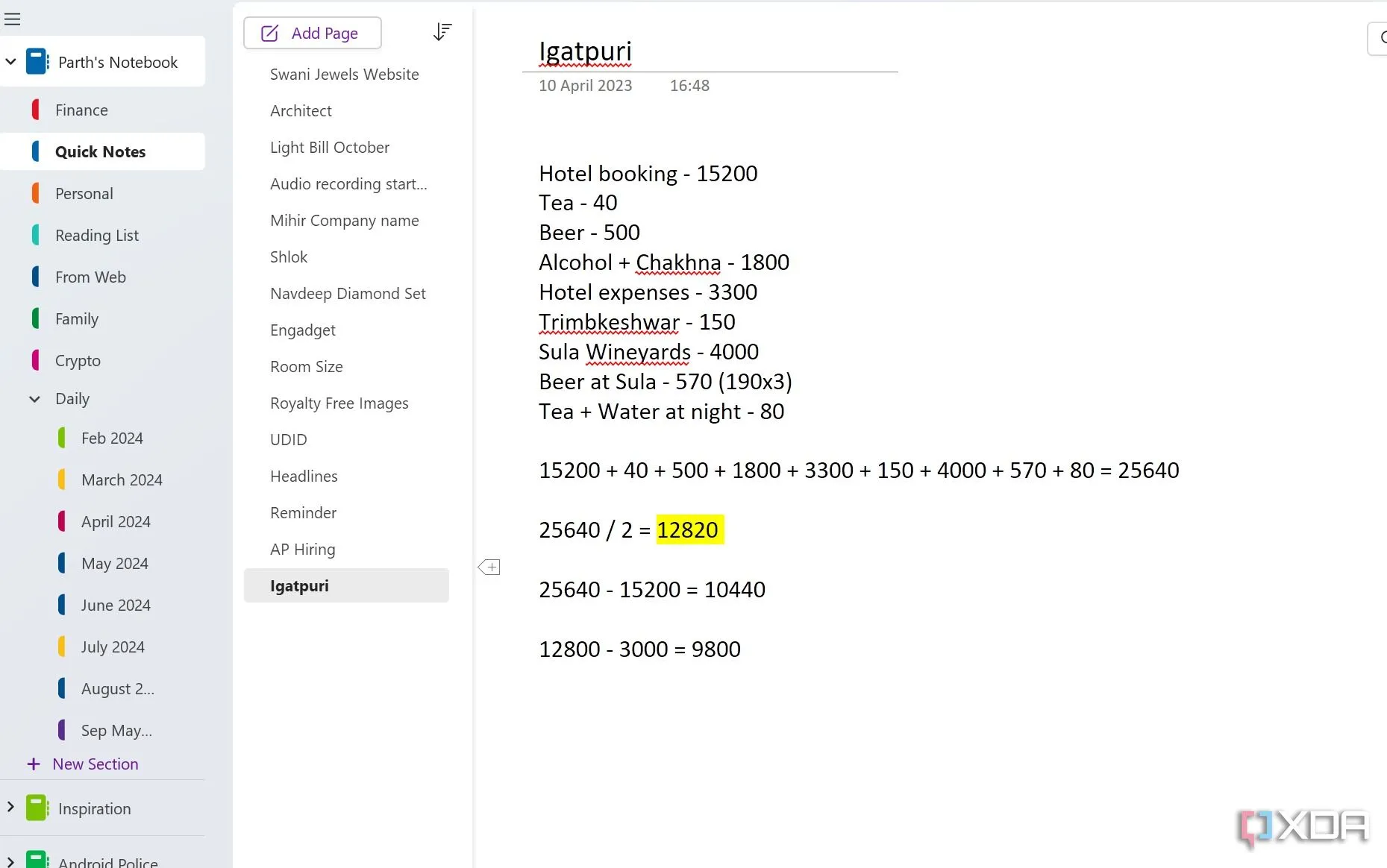 Ghi chú trong OneNote thể hiện khả năng tính toán toán học trực tiếp, giúp người dùng giải quyết nhanh các phép tính