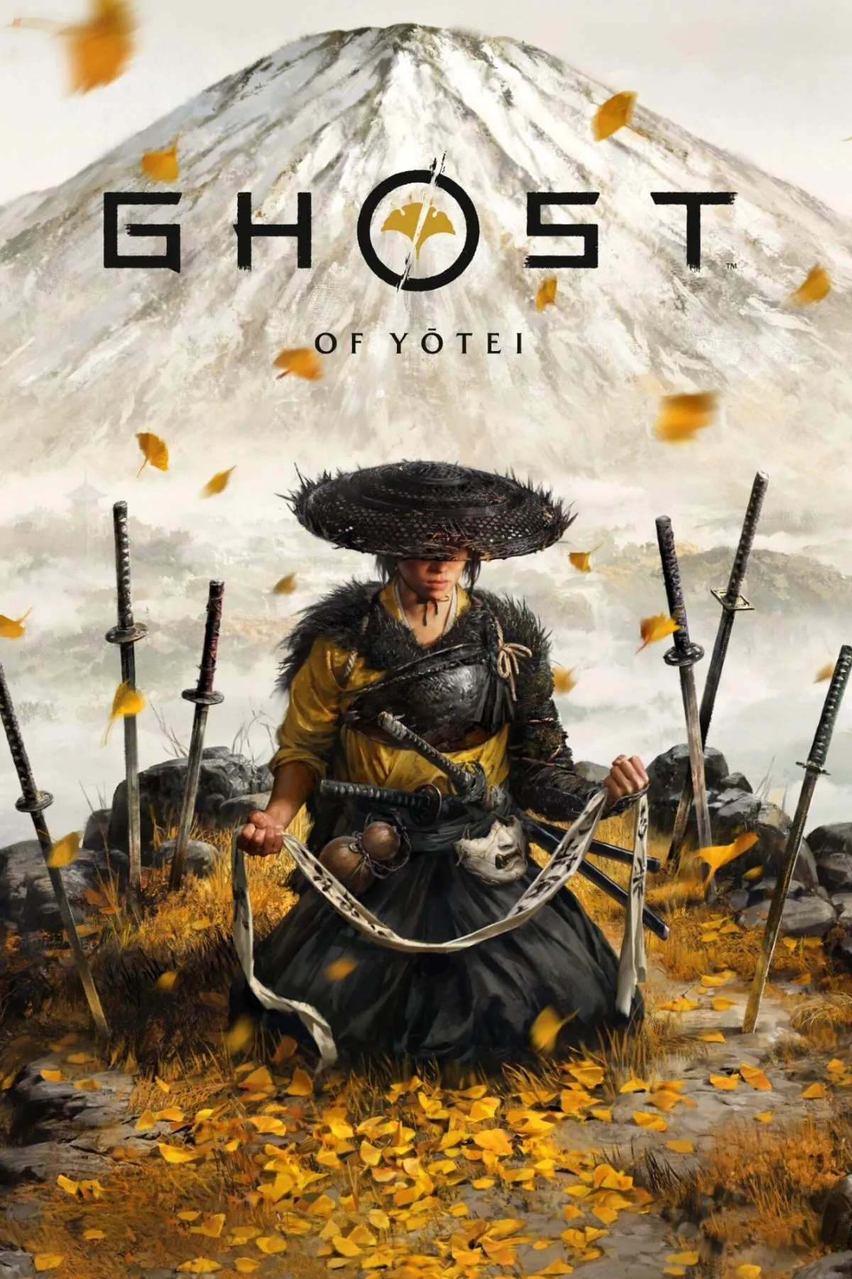 Ghost of Yotei bìa game: một chiến binh samurai trong trang phục truyền thống đứng trên đỉnh núi tuyết phủ, khung cảnh Nhật Bản cổ điển hùng vĩ