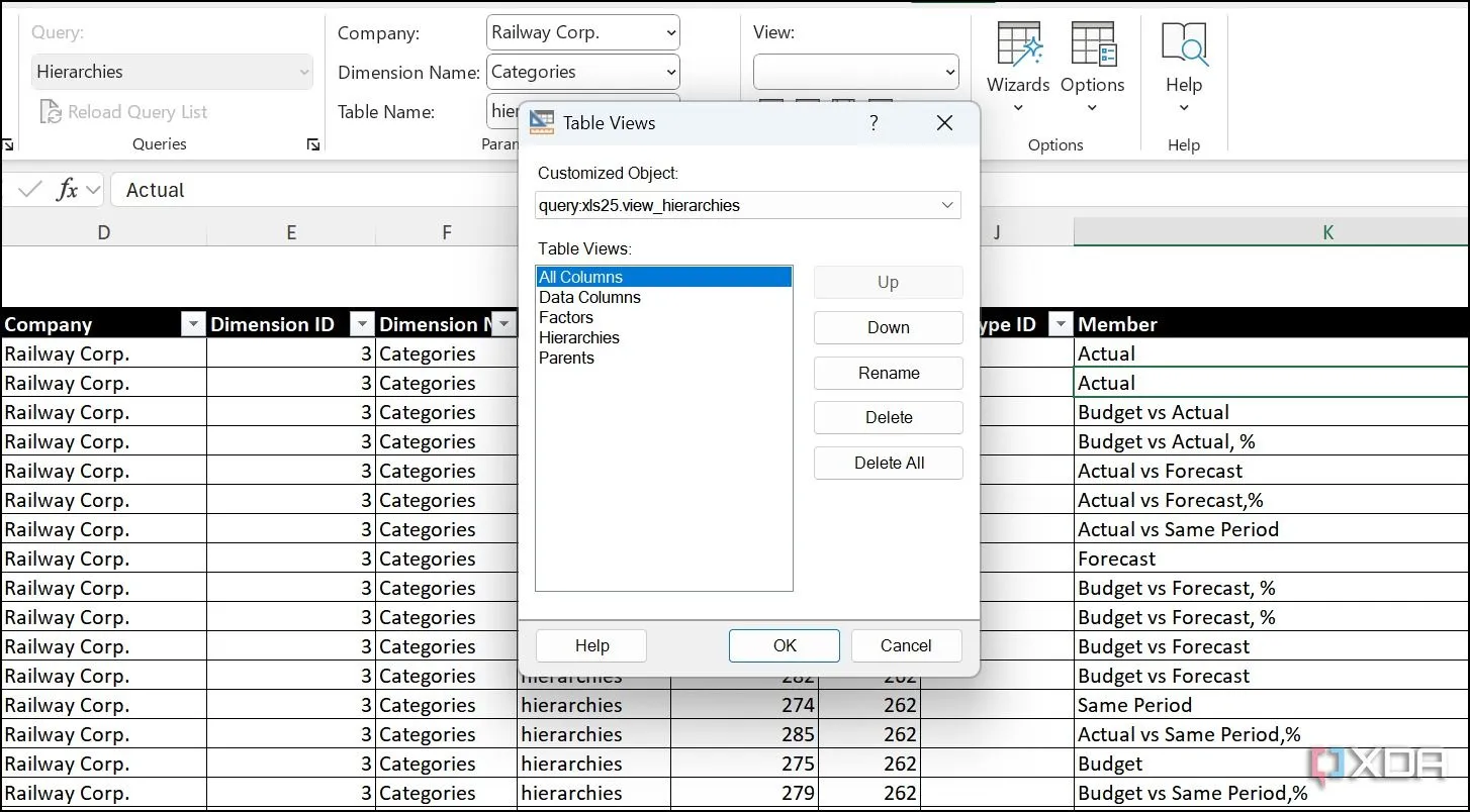 Giao diện bảng dữ liệu database được SaveToDB hiển thị trực quan như một trang tính Excel quen thuộc.