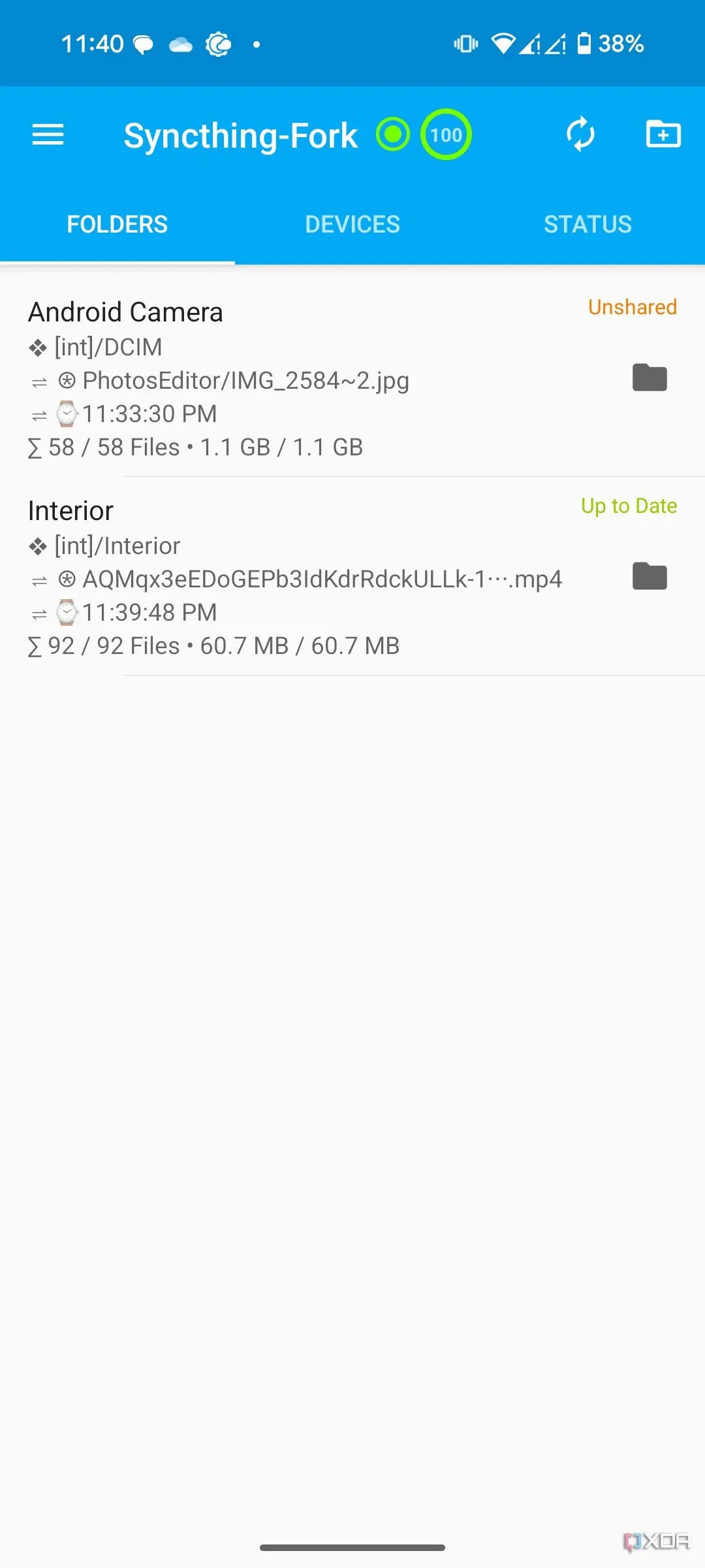 Giao diện cài đặt và cấu hình Syncthing trên thiết bị Android, minh họa các tùy chọn nâng cao