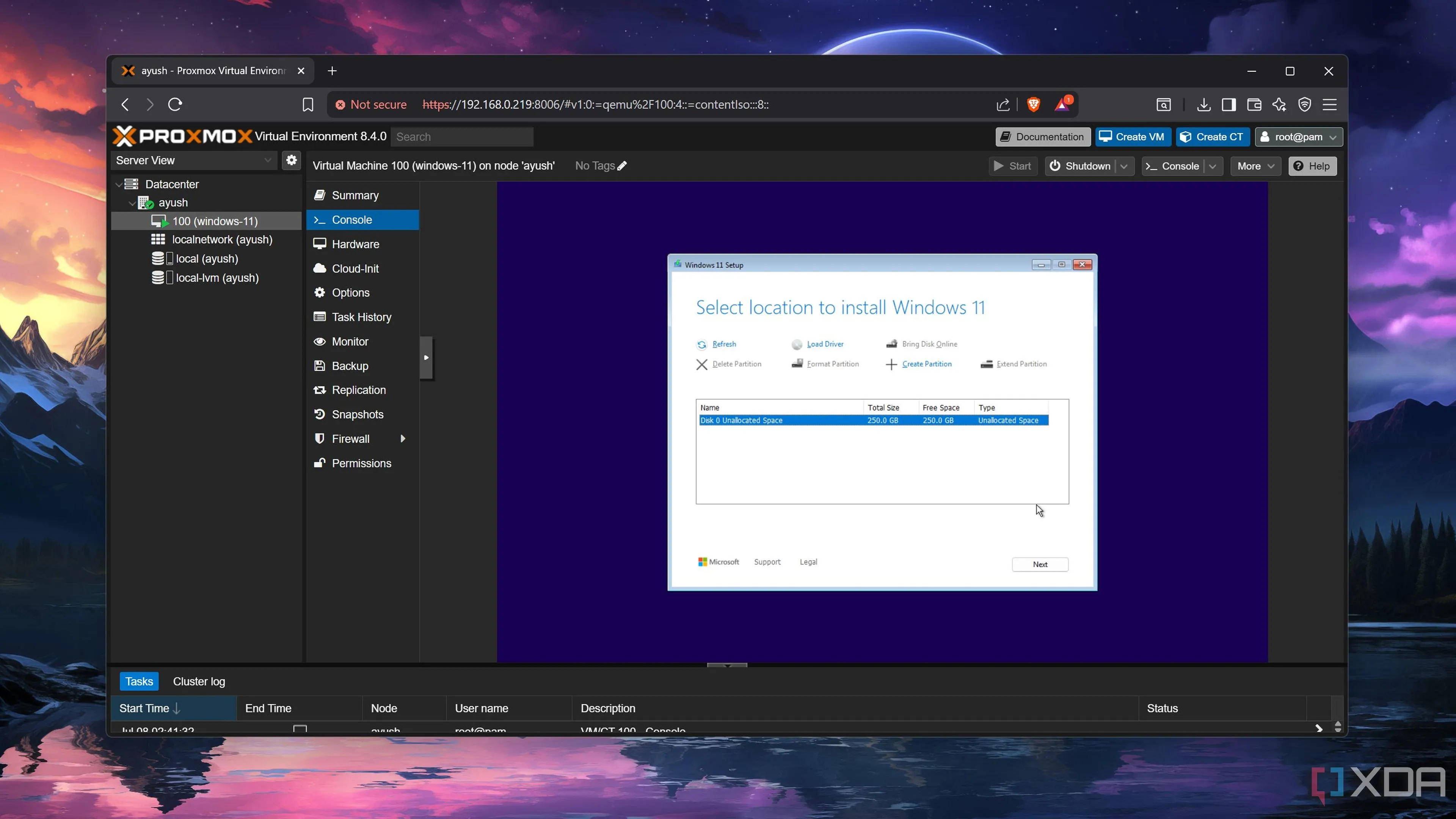 Giao diện cài đặt Windows 11 bên trong máy ảo Proxmox, hiển thị tùy chọn chọn ổ đĩa để cài đặt
