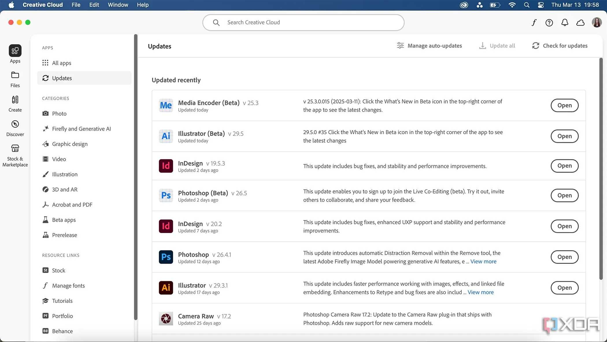 Giao diện cập nhật thường xuyên của Adobe Creative Cloud